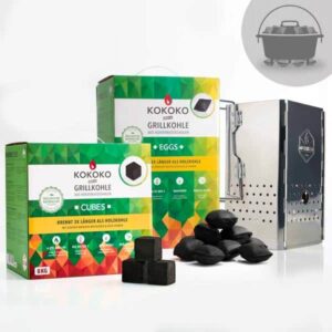 Dutch Oven Big Pack mit KOKOKO CUBES, EGGS und Klappkamin Anzündkamin