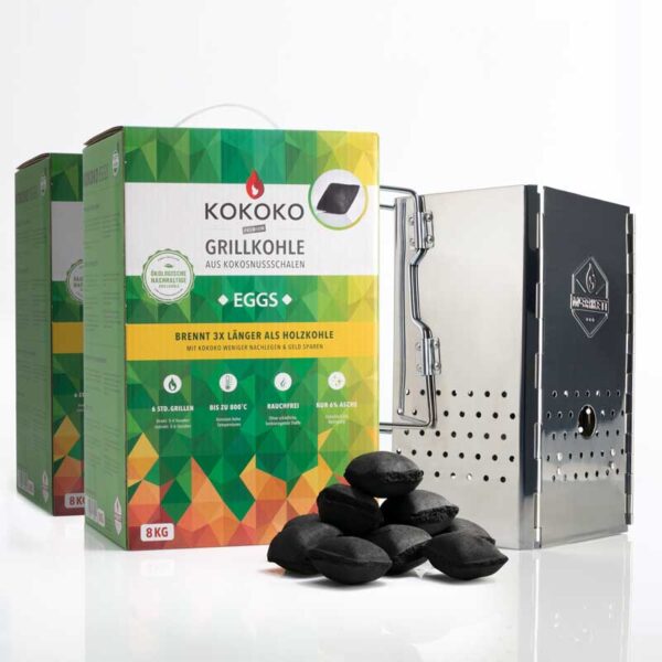 Klappkamin und KOKOKO EGGS Kokosbriketts